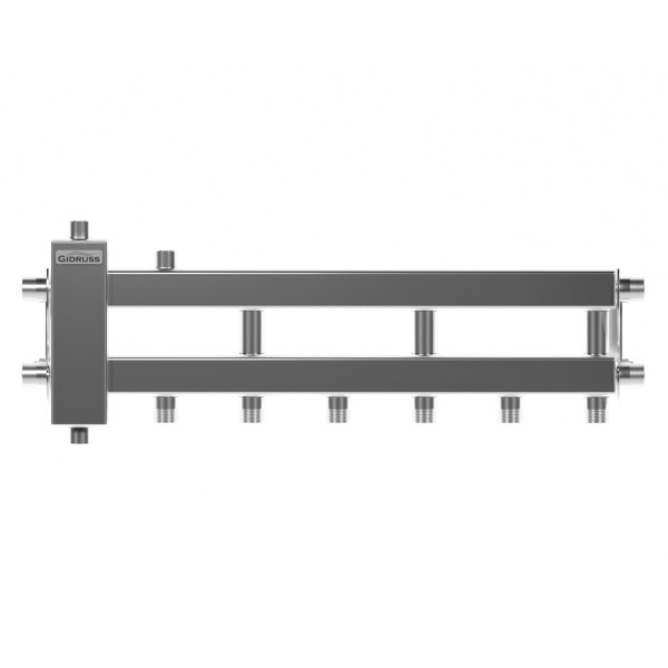 Коллектор балансировочный Gidruss BMSS-40-4D (до 40 кВт, все контуры G 3/4", 4D-кронштейны K.UMS, подключение термодатчика, нерж ст.)