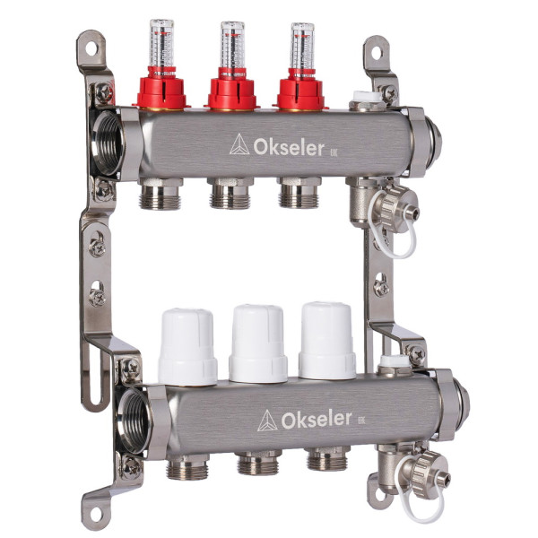 Коллекторная группа 3 отвода 1"*3/4"(18) ЕК с расходомерами Okseler (нерж.ст) с дренажным краном и краном Маевского (Oks00313)