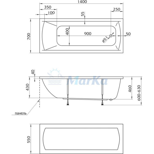 Ванна акриловая Marka One Modern 140х70 без гидромассажа