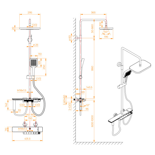 Душевая система RGW SP-35B с встроенным изливом-водопадом черный (51140135-04)