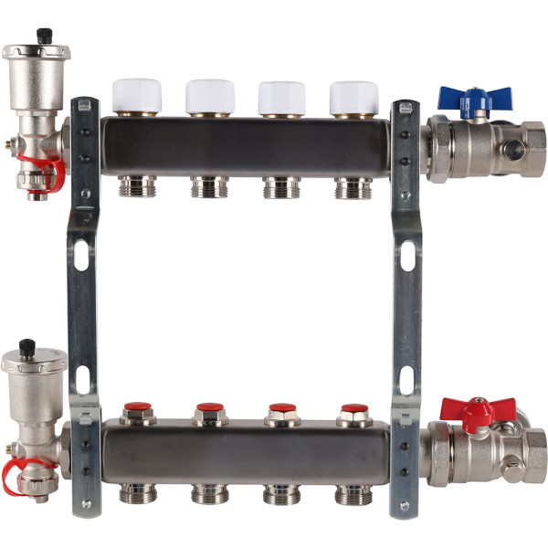 Коллекторная группа Rommer 4 отвода 1"x3/4" в сборе без расходомеров (нерж.сталь) (RMS-3210-000004)