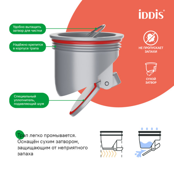 Трап душевой 100х100 мм вертикальный выпуск сухой затвор хром матовый Iddis (980CV10SB3DDZ)