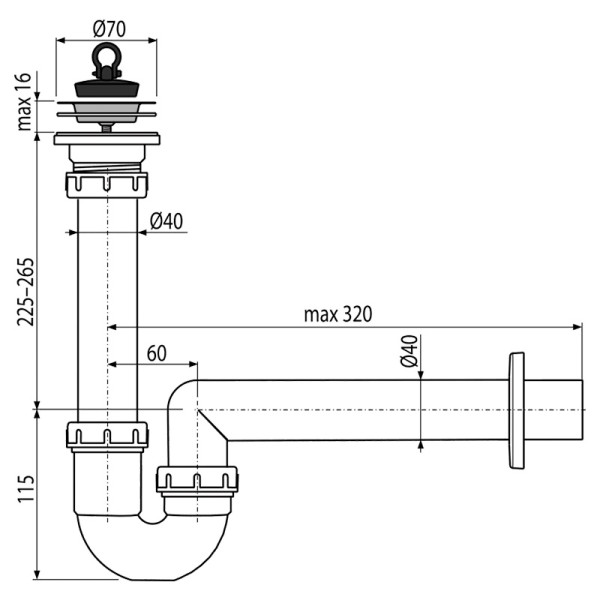 Сифон для мойки 1 1/2"х50 мм трубный, с нержавеющей peшeткой D70 Alcadrain (A800-DN40)