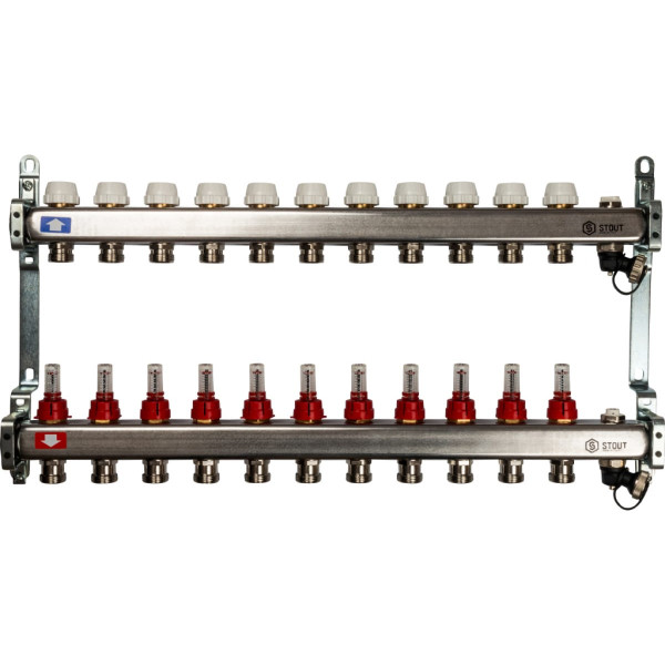 Коллекторная группа 11 отводов 1"x3/4"(18)EK с расходомерами, с клапаном вып. воздуха и сливом Stout (нерж.сталь) (SMS-0927-000011) Коллекторная группа 11 отводов 1"x3/4"(18)EK с расходомерами, с клапаном вып. воздуха и сливом Stout (нерж.сталь) (SMS-0927-000011)