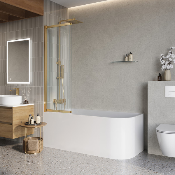 Душевая шторка для ванны BelBagno Luce 90x145 стекло прозрачное, профиль золото глянцевое (LUCE-VF-11-90/145-C-ORO) Душевая шторка для ванны BelBagno Luce 90x145 стекло прозрачное, профиль золото глянцевое (LUCE-VF-11-90/145-C-ORO)
