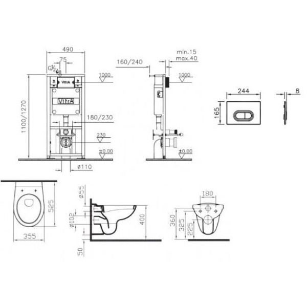 Унитаз подвесной с инсталляцией и хромовой панелью Vitra Normus 355х525х350 (9773B003-7202)