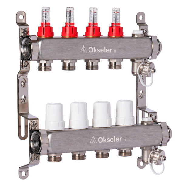 Коллекторная группа 4 отвода 1"*3/4"(18) ЕК с расходомерами Okseler (нерж.ст) с дренажным краном и краном Маевского (Oks00314)