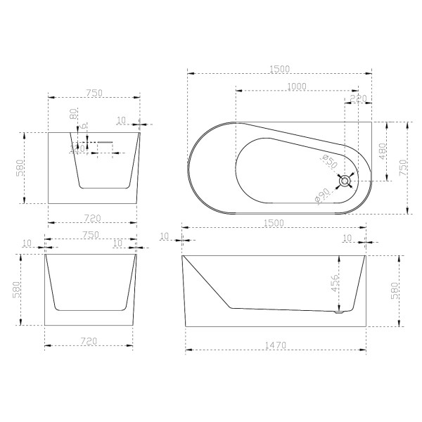 Ванна акриловая Abber 150*75 белая (AB9496-1.5 R)