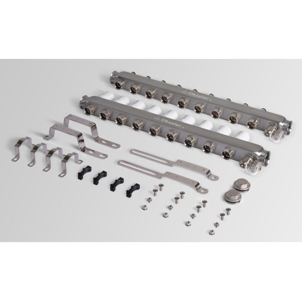 Коллекторная группа 9 отводов 1"*3/4"(18) ЕК с регулировочными клапанами Okseler (нерж.ст) с дренажным краном и краном Маевского (Oks00308)