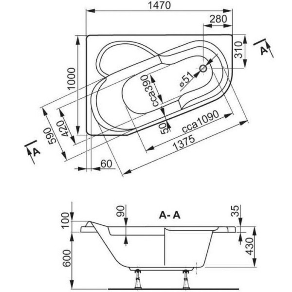 Ванна акриловая VagnerPlast Selena 147 R 147х100х43 (VPBA141SEL3PE-01)