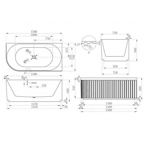 Ванна акриловая Abber 150x75x58 R белая (AB9412-1.5 R)