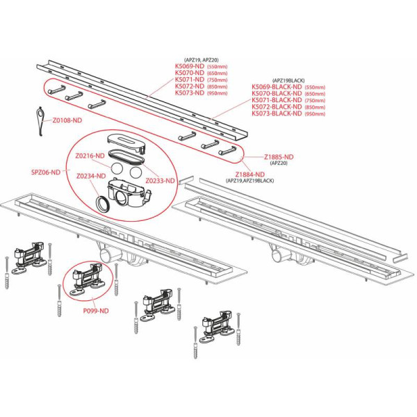 Лоток душевой 550 мм с порогами для перф. решетки или под кладку плитки Alcadrain (APZ19BLACK-650)