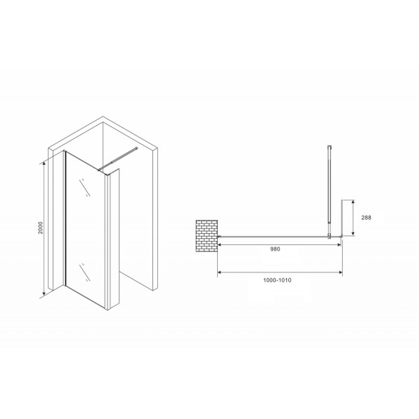 Душевая стенка Abber Immer Offen 100x200 стекло прозрачное, профиль черный (AG66100B)