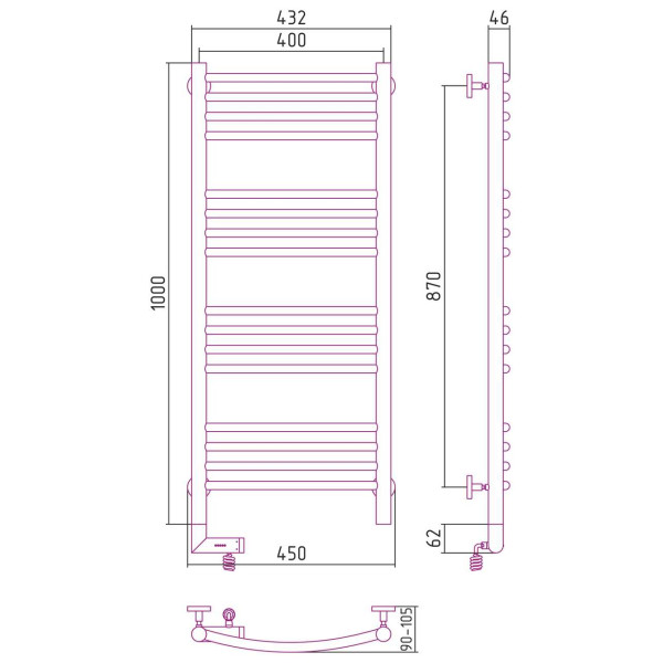 Полотенцесушитель электрический Сунержа Богема 2.0 выгнутая 1000x400 МЭМ левый, хром (00-5202-1040)