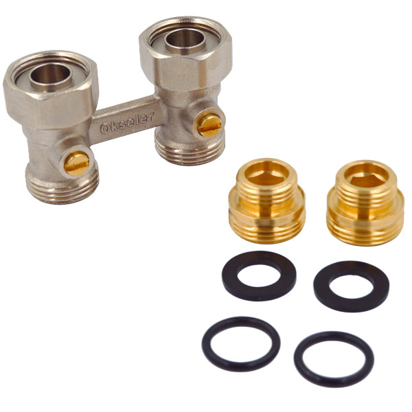 Фитинг двойной со встроенным шаровым краном Okseler с комплектом адаптеров 1/2"х3/4" (oks00389)