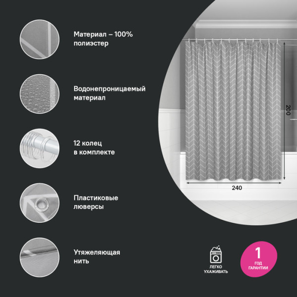 Шторка для ванн текстильная Iddis Base 240x200 серая (BD06P24i11)