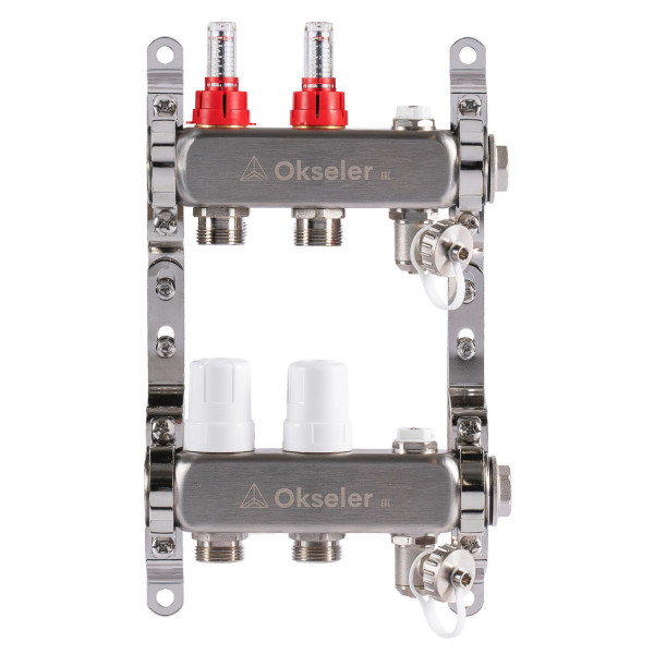 Коллекторная группа 2 отвода 1"*3/4"(18) ЕК с расходомерами Okseler (нерж.ст) с дренажным краном и краном Маевского (Oks00312)