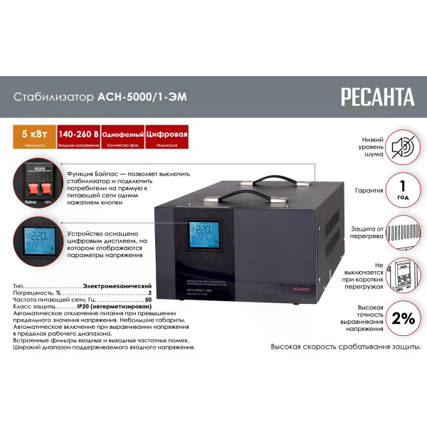 Стабилизатор напряжения Ресанта АСН-5000/1-ЭМ (63/1/6) Стабилизатор напряжения Ресанта АСН-5000/1-ЭМ (63/1/6)