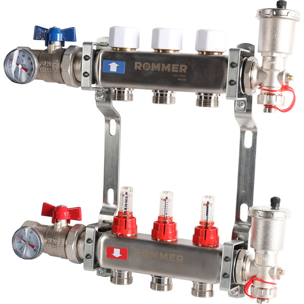 Коллекторная группа Rommer 3 отвода 1"x3/4" в сборе с расходомерами (нерж.сталь) (RMS-1210-000003)