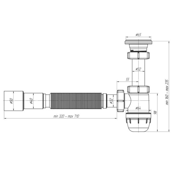 Cифон 32 мм. бутылочный АНИ Юнг с выпуском 1 1/4"*65 мм., c гибкой трубой 32*40/50 АНИ пласт (BM1016)