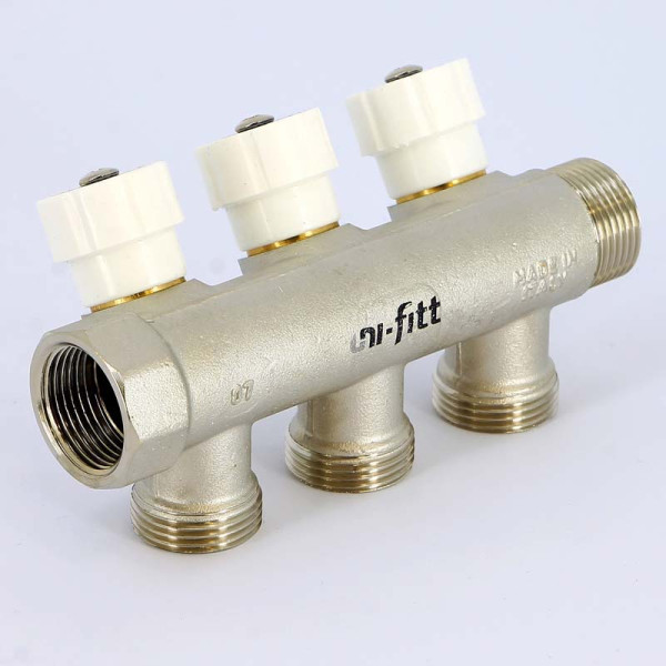 Коллектор Uni-Fitt 3 отвода НВ 3/4"х3/4" ЕК 40 мм с вентилями никелированный