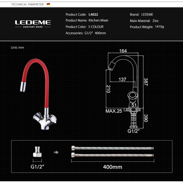 Смеситель для кухни Ledeme с гибким изливом (L4022-3)