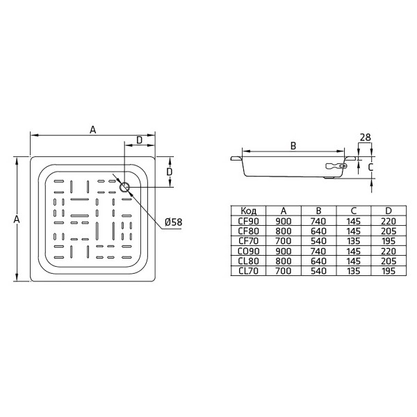 Душевой поддон BLB Universal 90x90x145 белый (CF90)