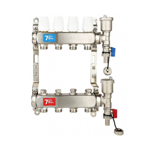 Коллекторная группа 4 отвода 1"*3/4"(18) ЕК с настроечными клапанами Vieir (с тройниками, нерж.ст) (VR115-04A) Коллекторная группа 4 отвода 1"*3/4"(18) ЕК с настроечными клапанами Vieir (с тройниками, нерж.ст) (VR115-04A)
