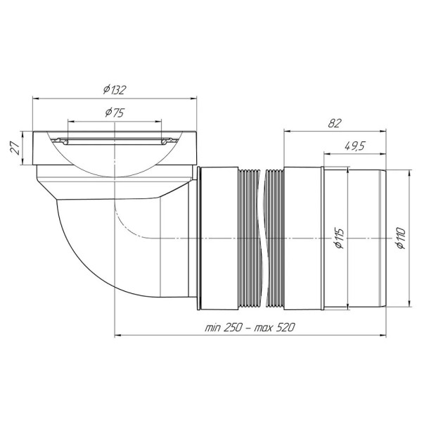 Отвод для унитаза 90 град. гофрированный 250-520 мм. АНИ 110 мм. (белый) АНИ пласт (K712R)
