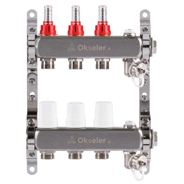 Коллекторная группа 3 отвода 1"*3/4"(18) ЕК с расходомерами Okseler (нерж.ст) с дренажным краном и краном Маевского (Oks00313)