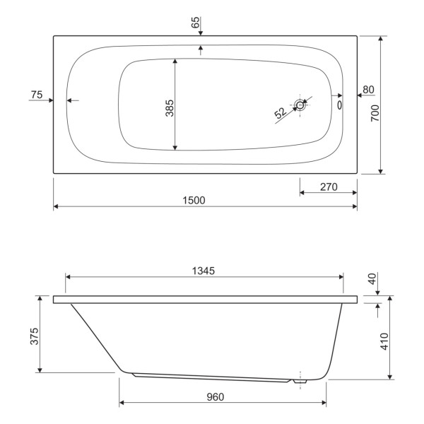 Ванна акриловая Cezares Eco 150x70x60 белый (ECO-150-70-41-W37)