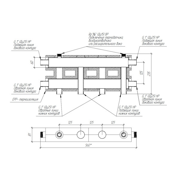 Коллектор модульный Gidruss MK-60-3D.EPP (до 60 кВт, магистраль G 1", 2+1 контура G 1", EPP-термоизоляция, 4D-кронштейны K.UMS, подключение для темпер