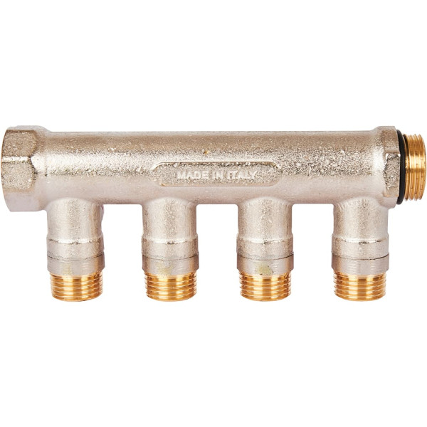 Коллектор 4 отвода с шаровыми клапанами 3/4"x1/2"(16) Stout (никель, красные ручки) (SMB-6210-341204) Коллектор 4 отвода с шаровыми клапанами 3/4"x1/2"(16) Stout (никель, красные ручки) (SMB-6210-341204)