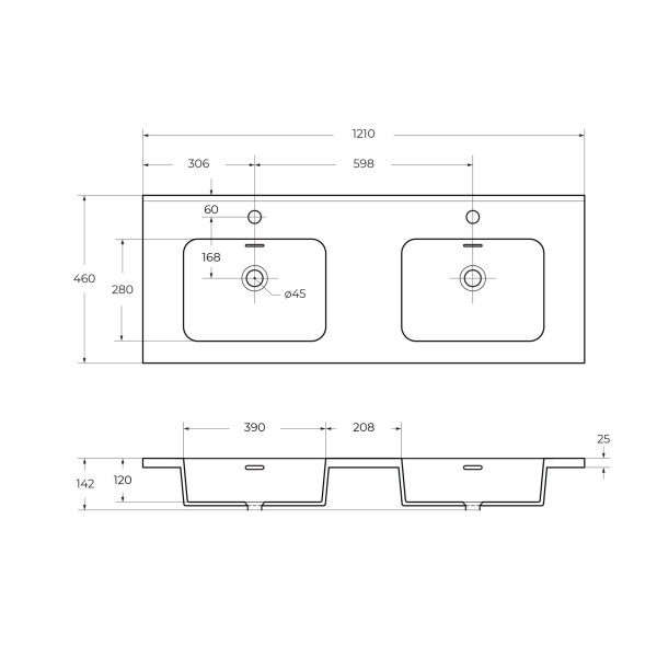 Раковина встраиваемая Cezares с двумя чашами 121x46 (50211) Раковина встраиваемая Cezares с двумя чашами 121x46 (50211)