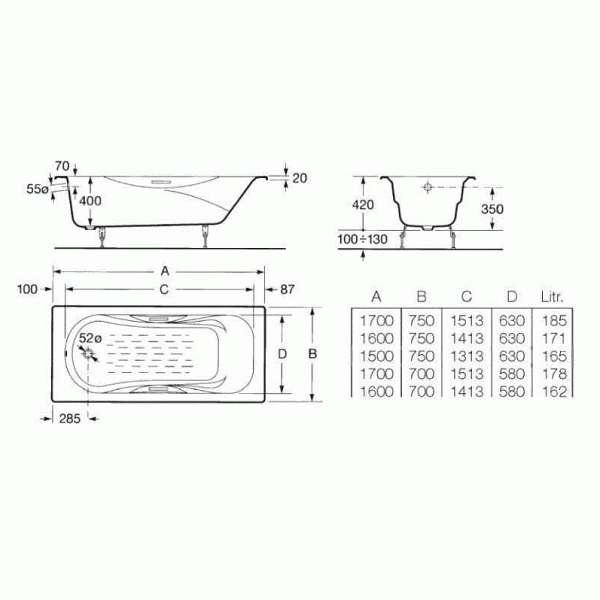 Ванна чугунная Roca Malibu 170x70 без отв. под ручки, c противоскользящим покрытием (233360000) Ванна чугунная Roca Malibu 170x70 без отв. под ручки, c противоскользящим покрытием (233360000)