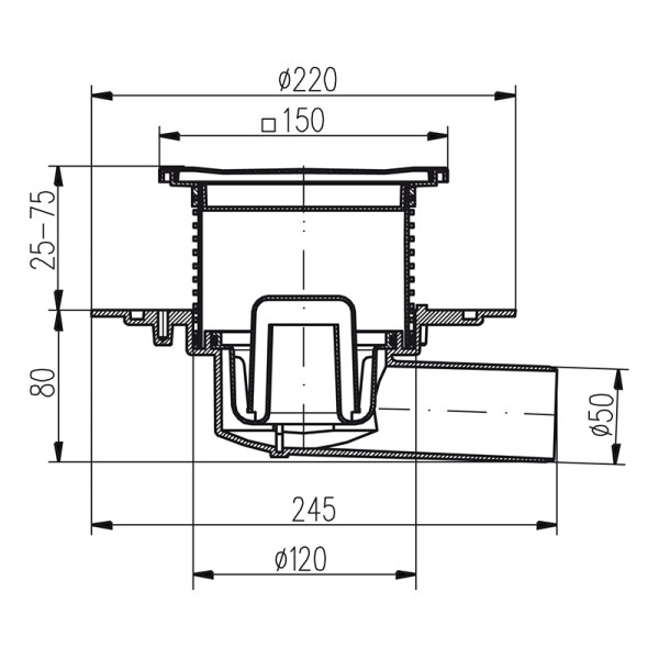 Трап MCH с боковым сливом универсальный DN50 решетка нерж. 150х150 (г/з+с/з) c фланцем Трап MCH с боковым сливом универсальный DN50 решетка нерж. 150х150 (г/з+с/з) c фланцем
