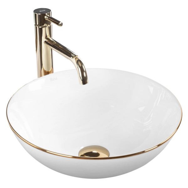 Раковина накладная REA Stella gold Edge 35,5x35,5x13,5 белая с золотом (REA-U7445) Раковина накладная REA Stella gold Edge 35,5x35,5x13,5 белая с золотом (REA-U7445)