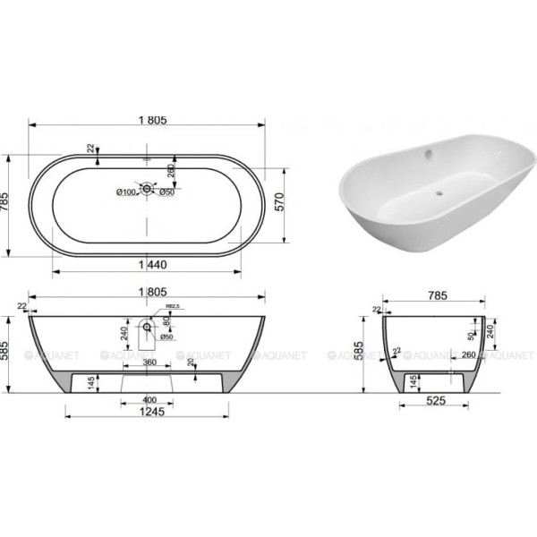 Ванна из искусственного камня Aquanet Family Stone 180,5х78,5 белая (332888)
