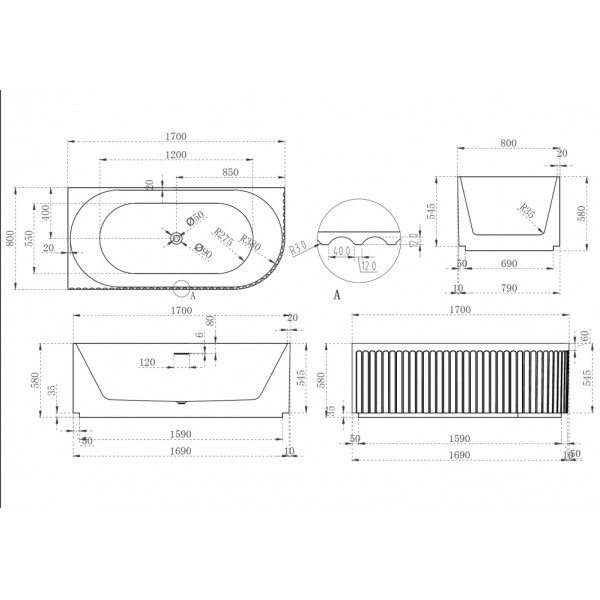 Ванна акриловая Abber 170x80x58 L белая (AB9412-1.7 L)