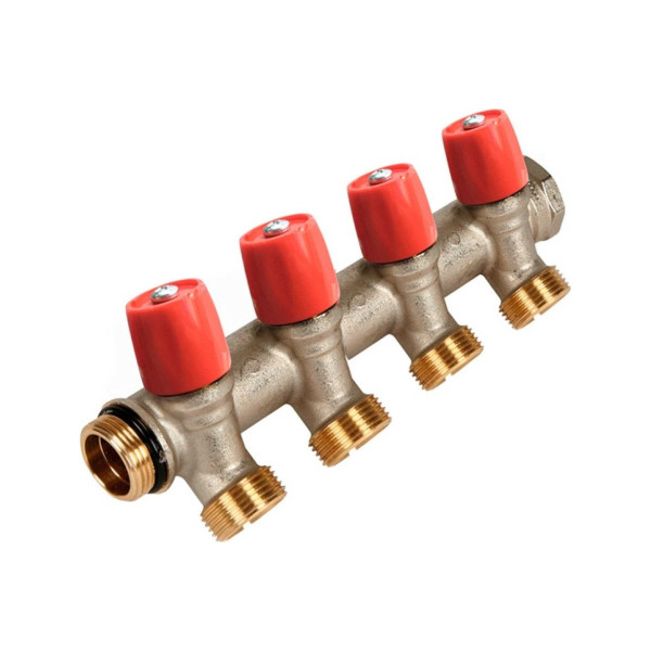 Коллектор VBS 4 отв. 3/4"х3/4" НР под евроконус, Henco красные ручки (VBS050504-RO)