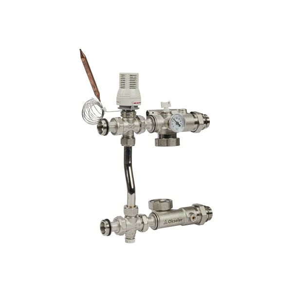 Модуль подмешивающий Okseler с термостатом 20-60°С, с перепускным клапаном, без насоса 130 мм (Oks00738)