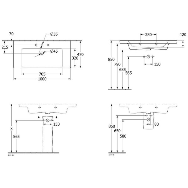 Раковина Villeroy & Boch Subway 3.0 1000x470 с переливом, Альпийский белый (4A70 A501)