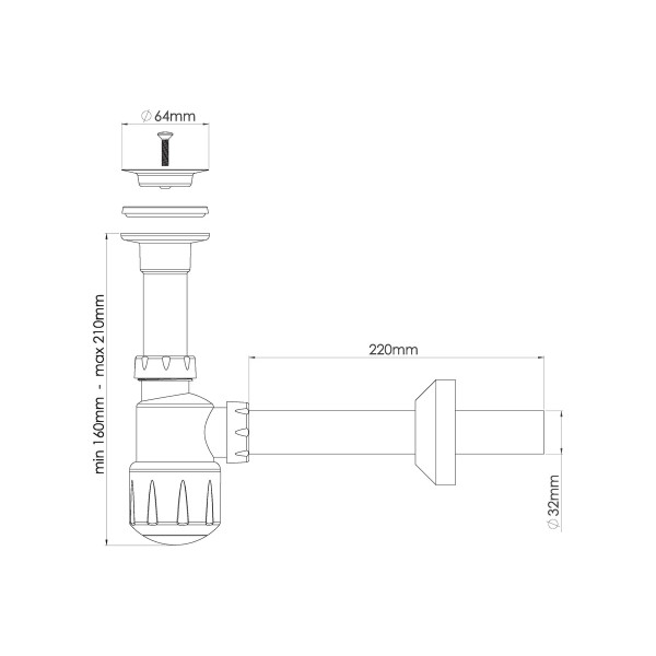 Сифон 32 мм бутылочный Nova с выпуском 1 1/4"х64 мм с прямым отводом 32/220 мм и чашкой (1012)