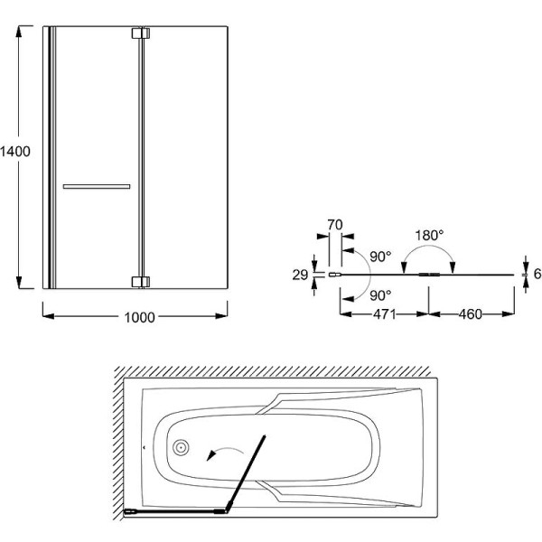 Душевые шторки для ванн Jacob Delafon Adequation 100x140 стекло прозрачное, профиль черный (E4931-BL)
