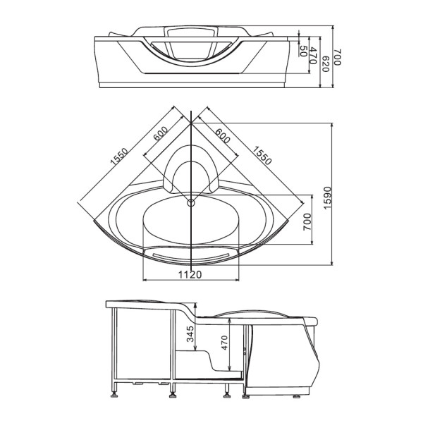 Ванна гидромассажная и аэромассажная Gemy G9025-II K 1550х1550х700