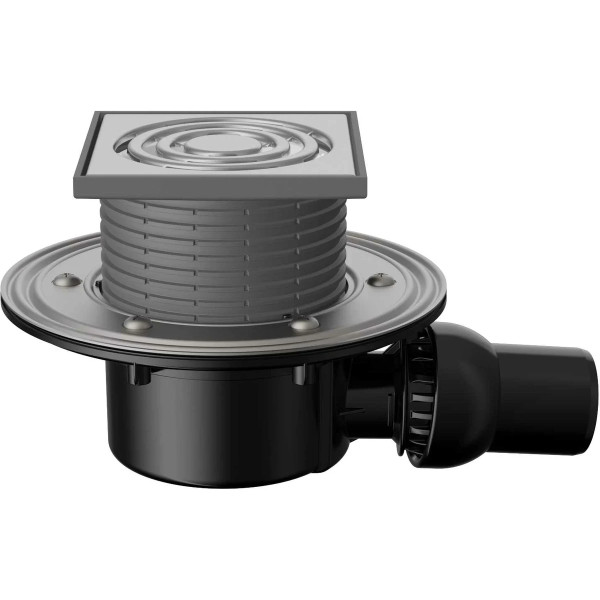 Трап регулируемый Fachmann T 520.1 SHsP 122x122 горизонтальный шарнирный выпуск DN50 с "мокрым" гидрозатвором, решетка нерж. сталь, пластиковый подрам