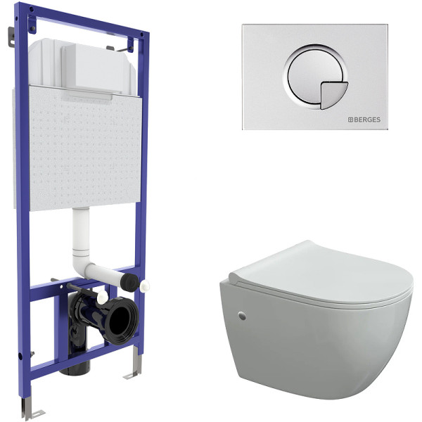 Комплект инсталляция с унитазом Berges Novum c с кнопкой R2 матовый хром, унитаз OKUS, сиденье Toma Slim SO (043276)