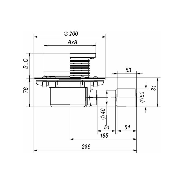 Трап регулируемый Fachmann T 510.0 PHsB 145x145 горизонтальный выпуск DN40/50 с "мокрым" гидрозатвором, решетка чугунная, пластиковый подрамник (04.06