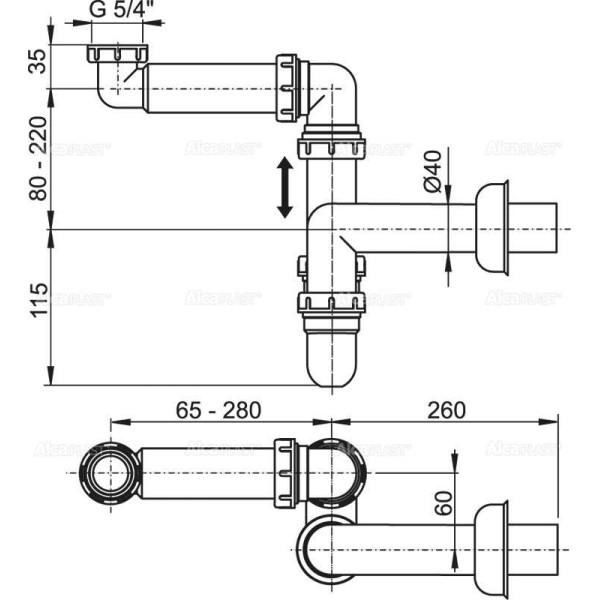 Сифон для раковины AlcaPlast 1 1/4"х40 мм. трубный, для донного клапана с патрубком для отвода к стене (A434)