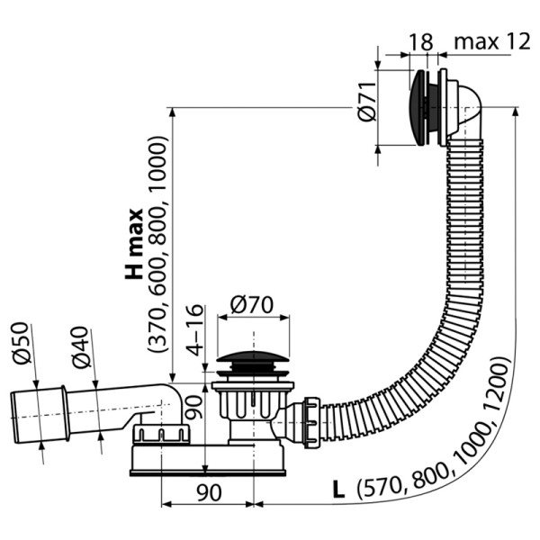 Обвязка для ванны автомат Click Clack, черный-мат Alcadrain (A507BLACK-80)